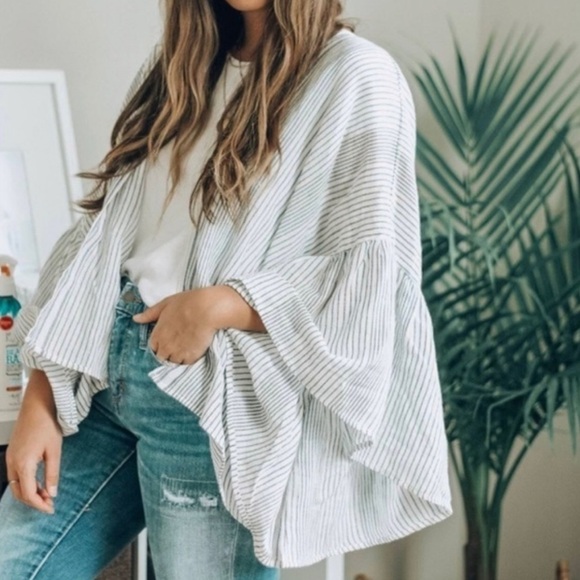 Universal Thread Striped Ruffle Sleeve Kimono Open Front OSFM Cotton Linen - Picture 1 of 8